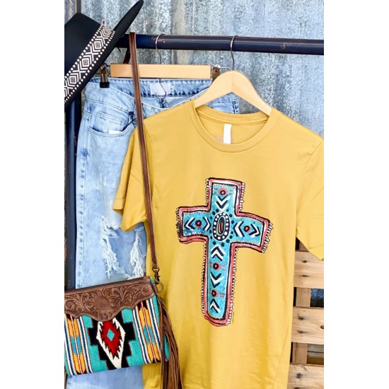 Yellow Western Cross Graphic Print Short Sleeve T Shirt