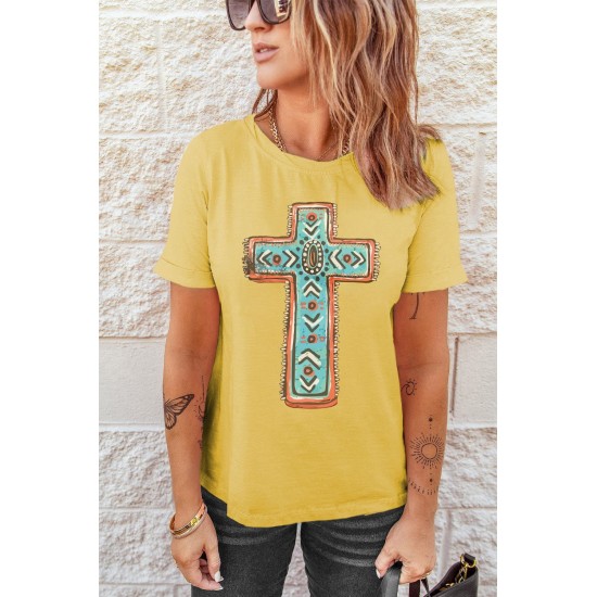 Yellow Western Cross Graphic Print Short Sleeve T Shirt