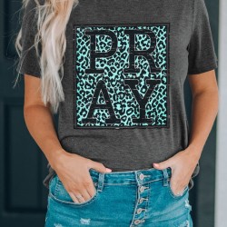 Gray PRAY Leopard Print Round Neck Short Sleeve T Shirt