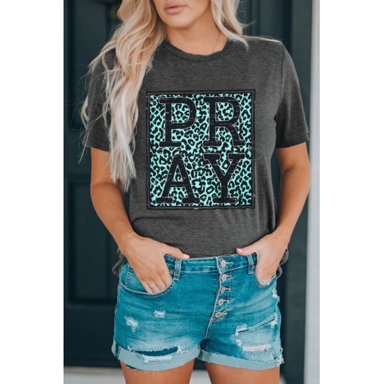 Gray PRAY Leopard Print Round Neck Short Sleeve T Shirt