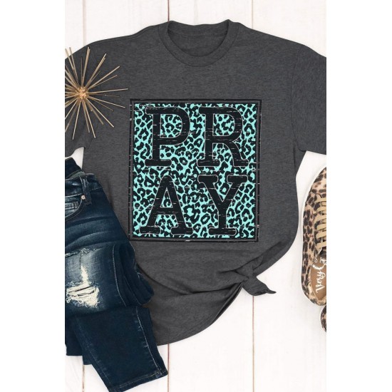 Gray PRAY Leopard Print Round Neck Short Sleeve T Shirt