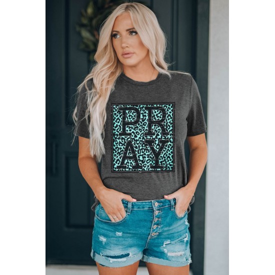 Gray PRAY Leopard Print Round Neck Short Sleeve T Shirt