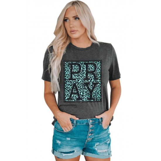 Gray PRAY Leopard Print Round Neck Short Sleeve T Shirt