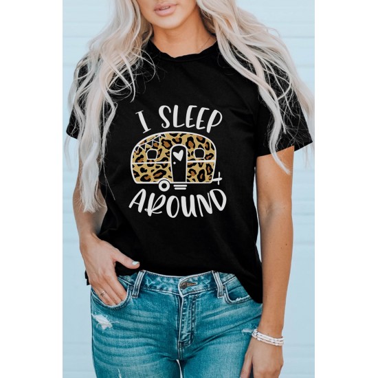 Black I Sleep Around Leopard Car Printed Graphic T Shirt