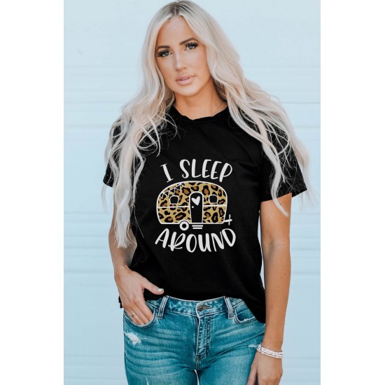 Black I Sleep Around Leopard Car Printed Graphic T Shirt