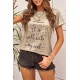 Khaki Letter Print Folded Sleeve T-shirt