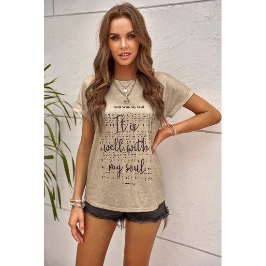 Khaki Letter Print Folded Sleeve T-shirt