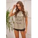 Khaki Letter Print Folded Sleeve T-shirt