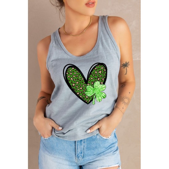 Gray Leopard Clover Heart Print Sleeveless Top