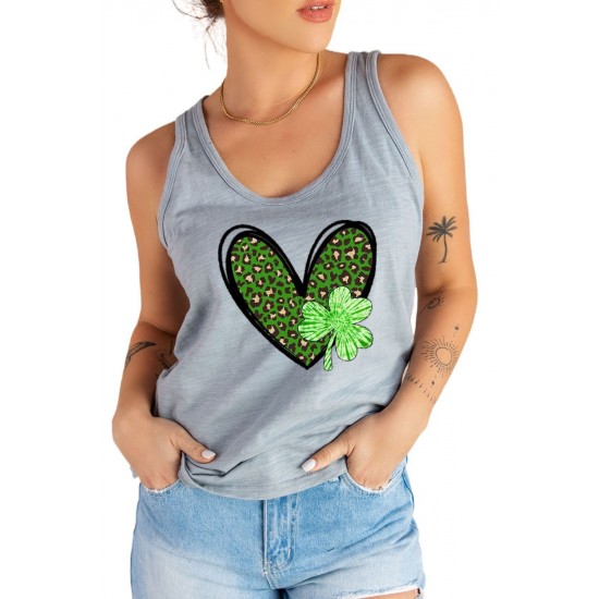 Gray Leopard Clover Heart Print Sleeveless Top