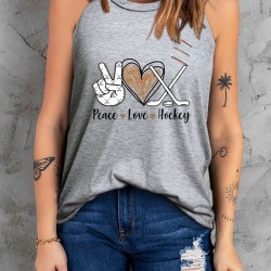 Gray Peace Love Hockey Letter Graphic Tank Top