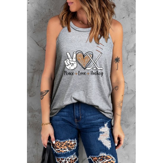 Gray Peace Love Hockey Letter Graphic Tank Top