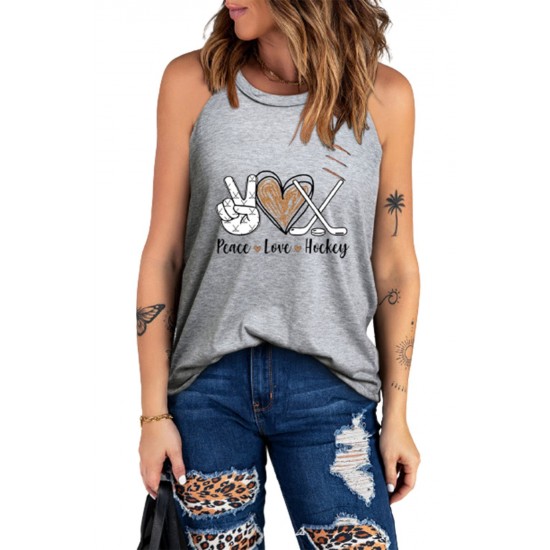 Gray Peace Love Hockey Letter Graphic Tank Top