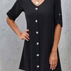 Black V Neck Button Front Roll up Tab Sleeve Dress