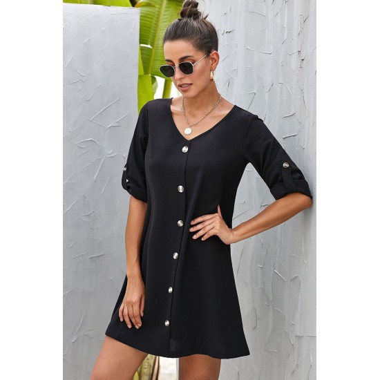 Black V Neck Button Front Roll up Tab Sleeve Dress