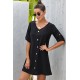 Black V Neck Button Front Roll up Tab Sleeve Dress