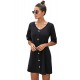 Black V Neck Button Front Roll up Tab Sleeve Dress