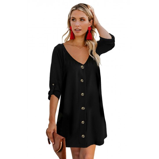 Black V Neck Button Front Roll up Tab Sleeve Dress