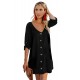 Black V Neck Button Front Roll up Tab Sleeve Dress