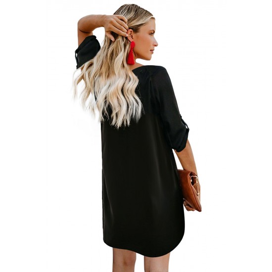 Black V Neck Button Front Roll up Tab Sleeve Dress