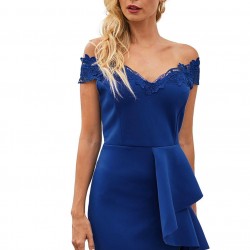 Blue Embroidered Off Shoulder Neck Cascading Mini Dress