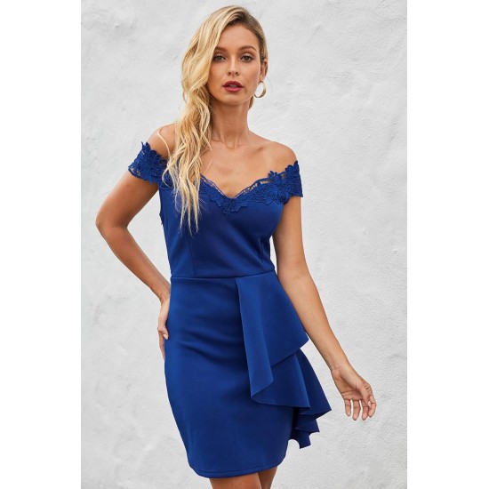 Blue Embroidered Off Shoulder Neck Cascading Mini Dress