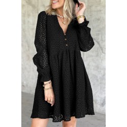 Black Lace Crochet V Neck A-line Mini Dress