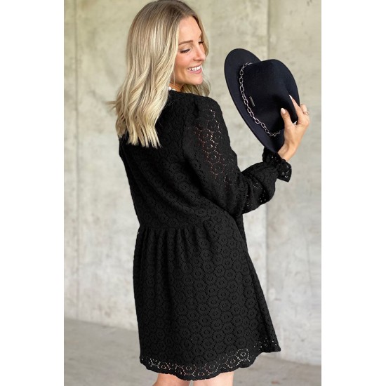 Black Lace Crochet V Neck A-line Mini Dress