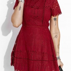 Red Lace Crochet Short Sleeve High Waist Mini Dress