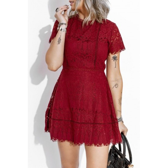 Red Lace Crochet Short Sleeve High Waist Mini Dress