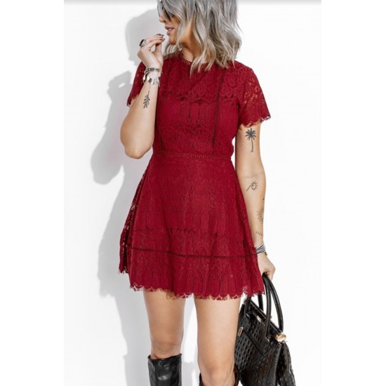 Red Lace Crochet Short Sleeve High Waist Mini Dress