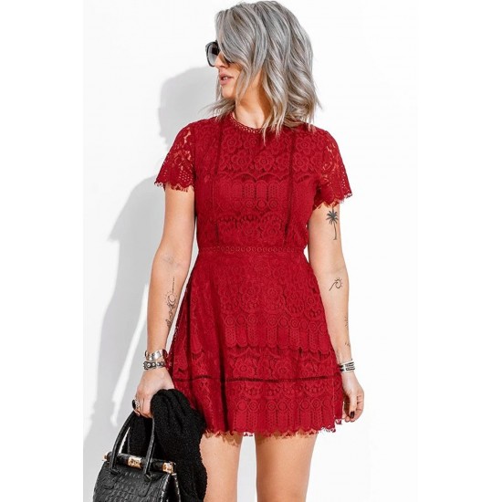 Red Lace Crochet Short Sleeve High Waist Mini Dress