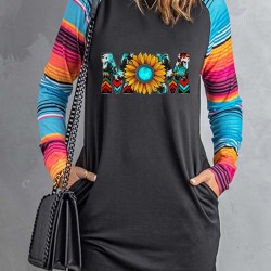 Mom Sunflower Print Striped Raglan Sleeve Shift Mini Dress