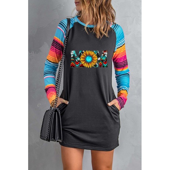 Mom Sunflower Print Striped Raglan Sleeve Shift Mini Dress