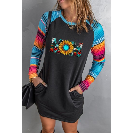 Mom Sunflower Print Striped Raglan Sleeve Shift Mini Dress