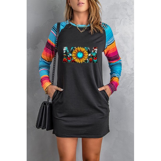 Mom Sunflower Print Striped Raglan Sleeve Shift Mini Dress