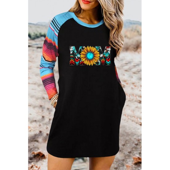 Mom Sunflower Print Striped Raglan Sleeve Shift Mini Dress