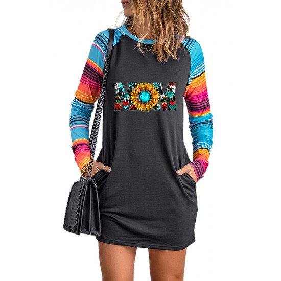 Mom Sunflower Print Striped Raglan Sleeve Shift Mini Dress