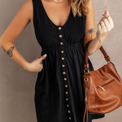 Black Buttons Sleeveless High Waist Mini Dress