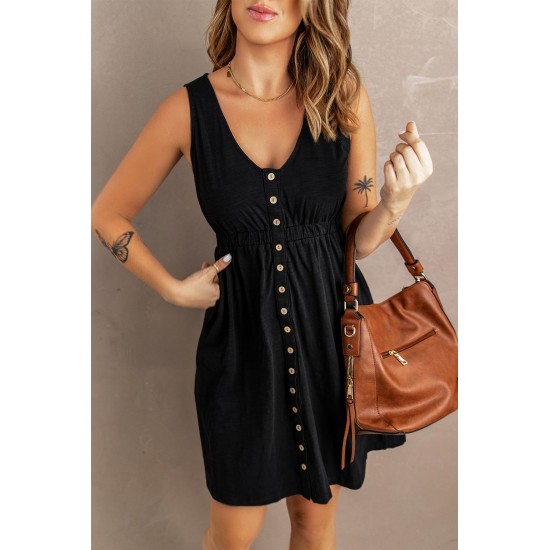 Black Buttons Sleeveless High Waist Mini Dress