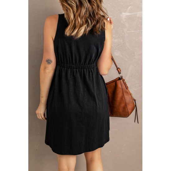 Black Buttons Sleeveless High Waist Mini Dress