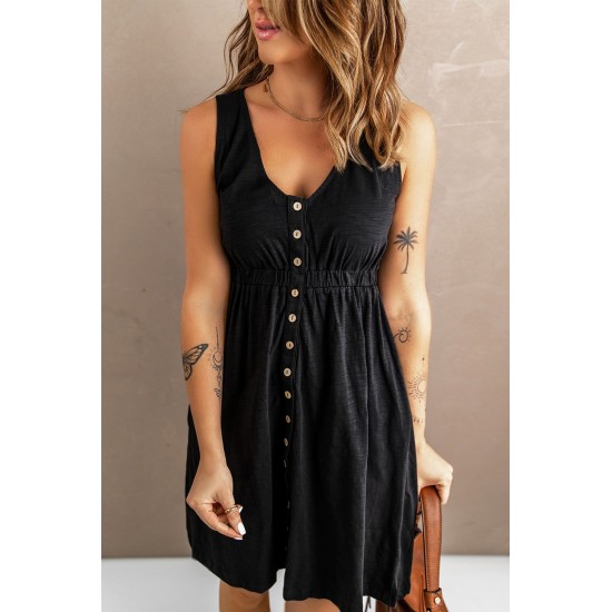 Black Buttons Sleeveless High Waist Mini Dress