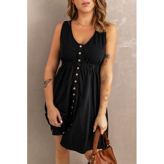 Black Buttons Sleeveless High Waist Mini Dress