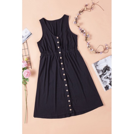 Black Buttons Sleeveless High Waist Mini Dress