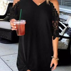 Black Black Lace Splicing Cold Shoulder Mini Dress