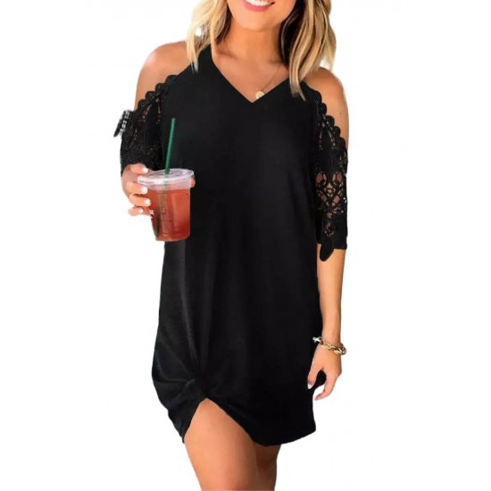 Black Black Lace Splicing Cold Shoulder Mini Dress