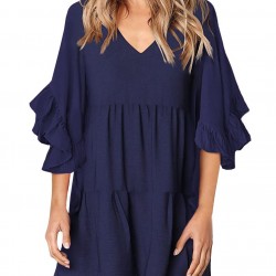 Blue V Neck Ruffled Swing Tunic Shift Dress