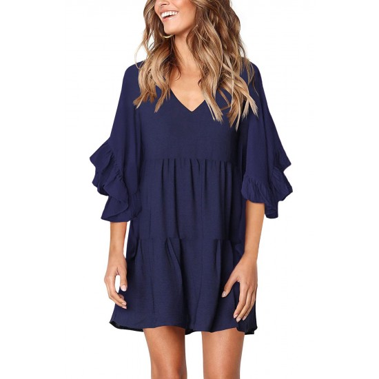 Blue V Neck Ruffled Swing Tunic Shift Dress