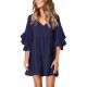 Blue V Neck Ruffled Swing Tunic Shift Dress