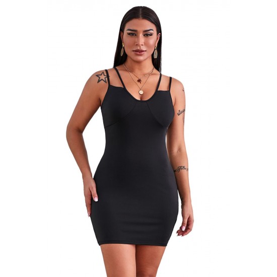 Double Straps Plunge Neck Ruched Mini Dress